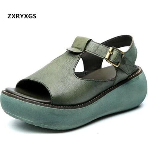 2019 New Retro Summer Women Shoes Sandals Fashion Casual Sandals Thick Bottom Wedges Real Leather Sandals Summer Women Sandals