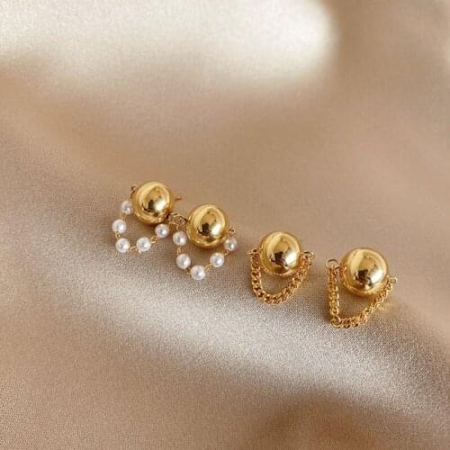 SRCOI New Trendy Geometric Metal Ball Stud Earring Simple Pearls Chain Tassel Earring Women Temperament Jewelry Accessories
