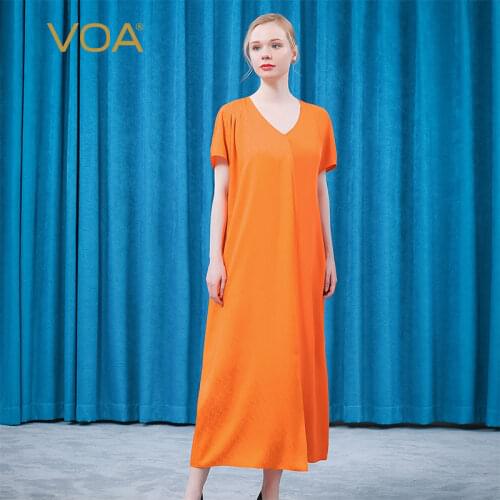 VOA Orange Silk Fashion Thanksgiving Gift Dresses Summer 2021 AE831 V-Neck Loose Casual Comfort Long Robe Leisure Woman Dress