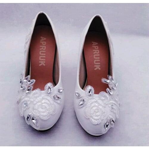 9CM high heel lace crystal silver rhinestones woman wedding pumps shoe white lace plus size lady dinner proms dress bridal shoe