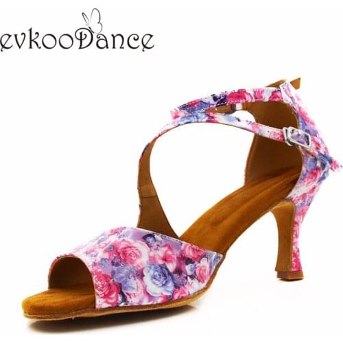 Evkoodance Size US4-12 latin dance shoes flower pu Professional heel height 7cm Women Shoes Evkoo-621