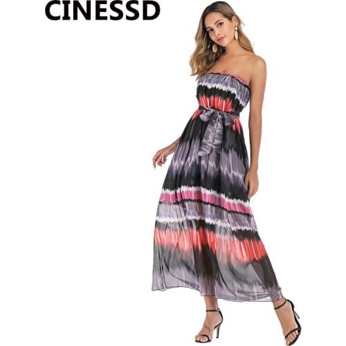CINESSD Women Print Chiffon Dress with Belt Sexy Strapless Off The Shoulder High Waist A Line Lace Up Beach Party Maxi Dresses