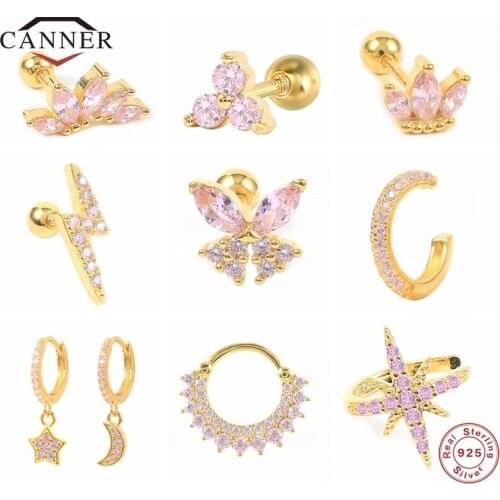 CANNER Pink Zircon Ear Studs 925 Sterling Silver Butterfly Lightning Stud Earrings for Women Piercing Cartilage Earring Jewelry