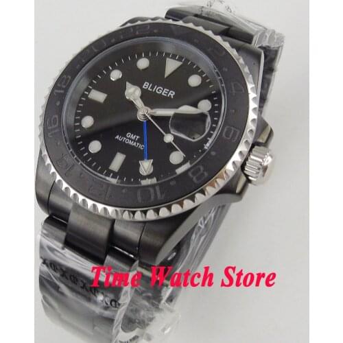 Bliger 40mm GMT 3804 automatic mens watch PVD case black dial luminous ceramic bezel sapphire glass