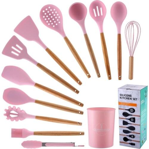 Wooden Handle Silicone Kitchenware 12 pcs Food Tongs Cooking Spoon Spatula Storage Bucket Set Kitchen Utensils
