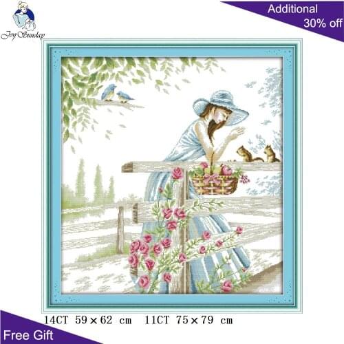 Joy Sunday Squirrels Woman Needlepoint C600 Counted and Stamped Home Decor The Girl With Squirrels Embroidery Cross Stitch kits