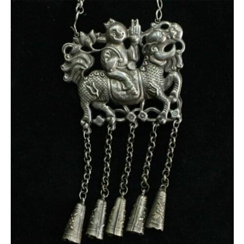 Chinese Folk Fengshui Miao Silver Boy Kylin Chi-Lin Qilin Amulet Pendant Statue Collection Ornaments Statues for Decoration