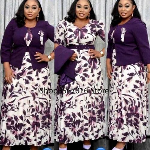 2 Pieces Set Coat African Clothes Flower Print Women Office Lady Dresses 2021 Spring Autumn O-Neck Bodycon Midi Dress Suit Set