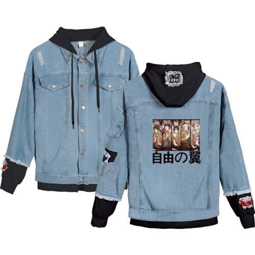 Attack on Titan Denim Jackets Men/Women Print Shingeki No Kyojin Hooded Denim Jacket Mens Jean Jackets Outwear Cosplay Clothes
