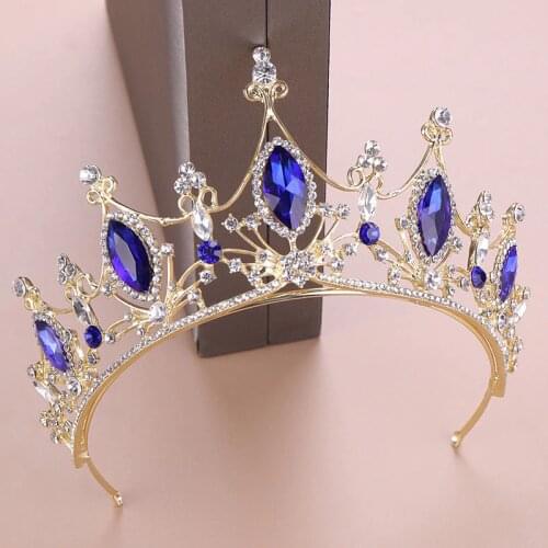 Hot Sale Royal Queen Baroque Style Blue Crystal Tiaras Crown Princess Diadem Bridal Bride Wedding Party Hair Jewelry Ornaments