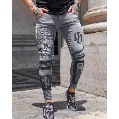 Mens Stretch Denim Feet Slim Slimming PrintedLetters Gray Jeans Men Slim-fit Feet Pants Casual Stretch Tight-fitting Long Pants