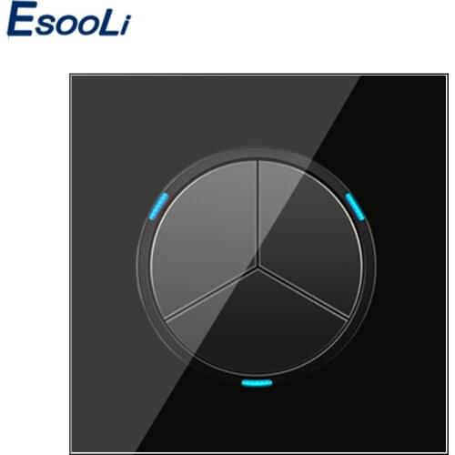 Esooli 3 Gang 1 Way Random Click On / Off Wall Light Switch With LED Indicator Knight Black Crystal Tempered Glass Panel