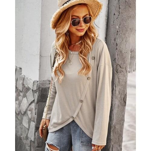 Autumn Winter Warm Irregular Pullovers Women Fashion Solid Colors Long Sleeve O-Neck Sweatshirts 2021 New Button Cotton Pullover