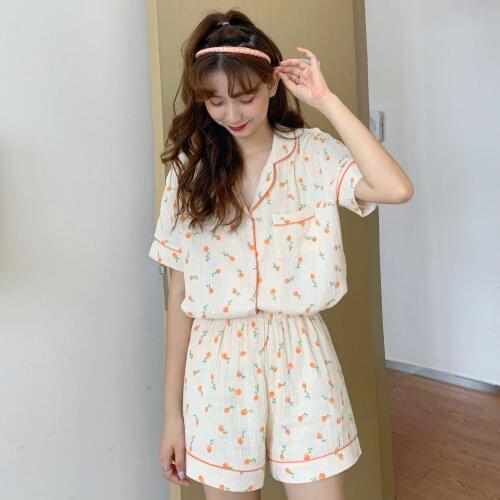 Cute summer sleepwear women pajamas cotton crepe orange print short sleeve blouse shorts pyjamas 2 piece set homewear cute Y577