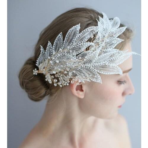 SLBRIDAL Handmade Gold Rhinestones Crystal Pearls Lace Flower Wedding Tiara Headband Bridal Hair Accessories Women Jewelry