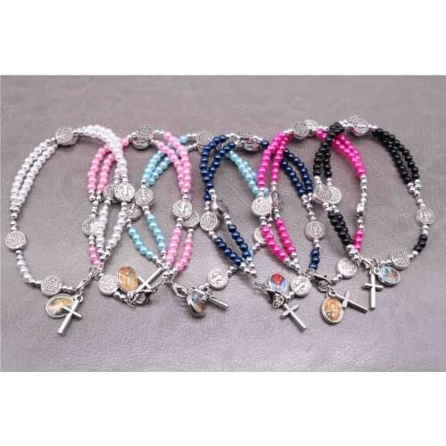 Religious St. Bens Beaded Cross Bracelet, Rosary Bangle Icon Saint Mercy Icon Bangle Jewelry. Random picture.48pcs