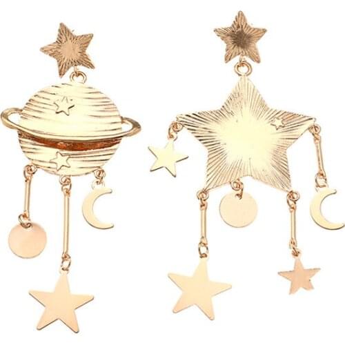 Stainless Steel Earrings For Women Fashion Personality Asymmetry Star Originality Metal The Moon The Stars Long Hanging Earrings