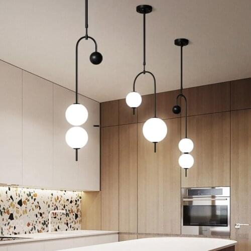 Modern minimalist white ball glass chandelier art magic bean design metal paint black LED lighting bedside decoration adjustable