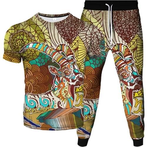 Harajuku Style Men Women Tracksuit Suit Indian Totem Feather Animal Sheep Bull head Print Clothes Male T-Shirt Trousers 2Pc Sets