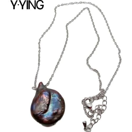 Y·YING 17.5" natural Black Coin Keshi Pearl pendant White Gold color Plated Chain necklace for women