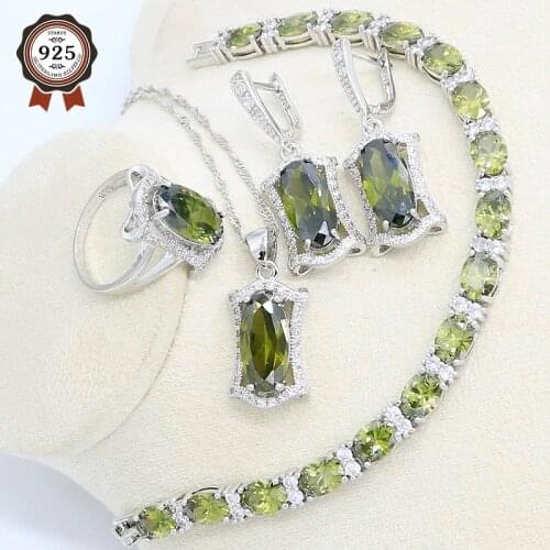 Olive Green Semi-precious Stone Silver Color Jewelry Set for Women with Bracelet Earrings Necklace Pendant Ring