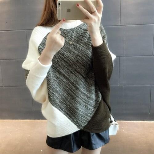 New Spring Autumn Bat Shirt Korean Style Pullover Sweaters Women Clothing Round Neck Loose Knitted Color Matching Jersey Mujer