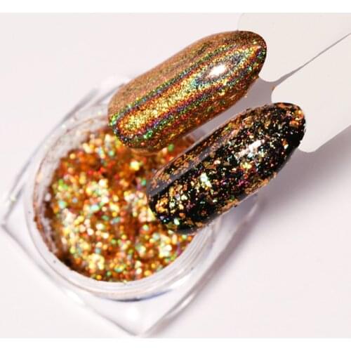 0.2g/box Glitter Gold Color Holographic Nail Glitter Flakes Mirror Effect HOLO Nail Glitter Powder DIY Chrome Pigment Powder