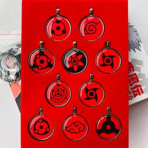 10pcs/set Anime Red Sharingan Necklace Key rings Pendant Cosplay Narut Akatsuki organization red cloud sign Keychain Gift
