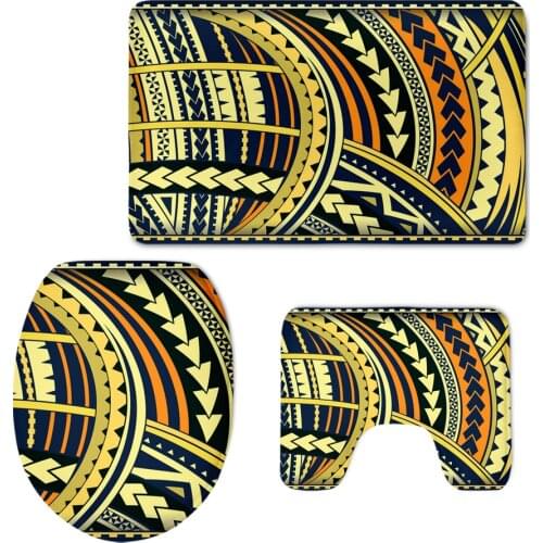 3pcs/set Bath Mats Set Stylish Polynesian Tribal Pettern Toilet Seat Covers Non-Slip Flannel Bathroom Rug Contour Mat Lid Cover