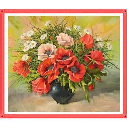 3D Red Flowers Blooming Vase 60x70cm Diamond Embroidery Diy Diamond Square Drill Pasted Crafts Needlework Home Decoration