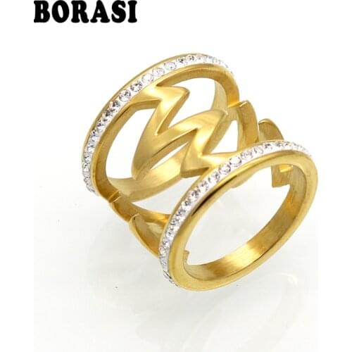 BORASI Women Wedding Band Electrocardiogram Rings 2017 Jewelry Gold Color Zircon Heart Beat Cocktail Stainless Steel Ring