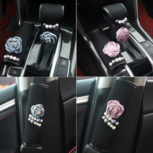 Pearl Flower Rhinestone Handbrake Cover Gear Shifter Covers Car Seat Belt Covers Summer Car Interior Accessories Women