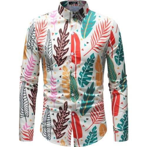 Fashion Men personality Leaves printed casual shirt Slim Fit Hawaiian vacation Party Hip hop Long Sleeve Shirts Plus Size 5XL
