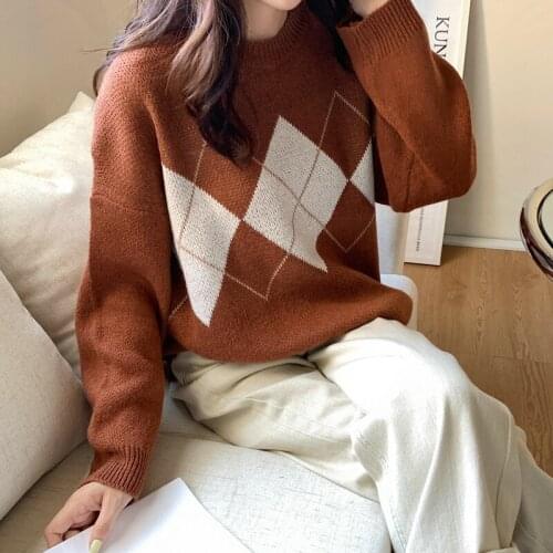 Fashion Womens Pullover Sweaters Loose Plaid Knit Long Sleeve Sweater Autumn Winter Oversized Sweater
