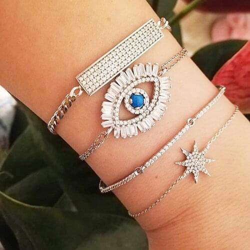 2021 New High Quality Sliver Color Double Chain CZ Eye Charm Bracelet Lucky Evil Eye Bracelets For Women Jewellery