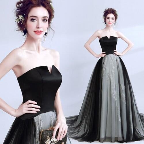 New black long strapless sweat lady girl women princess bridesmaid banquet party dress gown free shipping