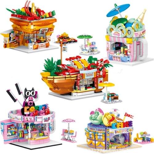 New Mini City Street Building Blocks Sushi Bar Hotpot Coffee Cake Sundae Shop Model Bricks Set Toys for Girls Birthday Gifts