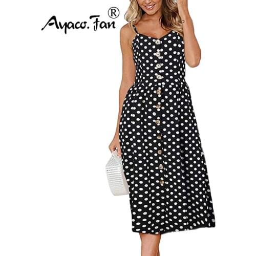 Newest Womens Sexy Summer Dresses White Black Dots 2019 Boho Backless Sleeveless Button Striped Solid Midi Dress Slip Sundress