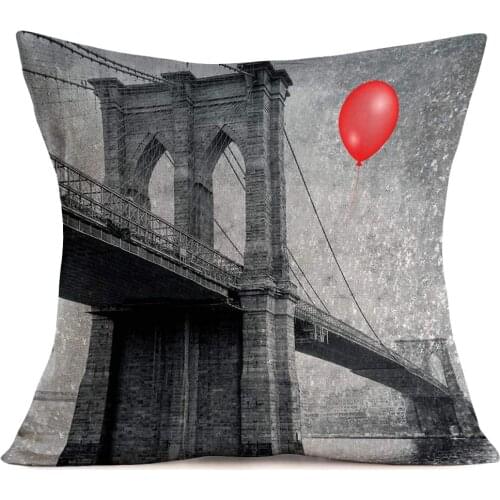 ShareJ USA Brooklyn Bridge Throw Pillow Covers Cotton Linen Red Balloon Pattern Cushion Case for Home Sofa Retro Decorative