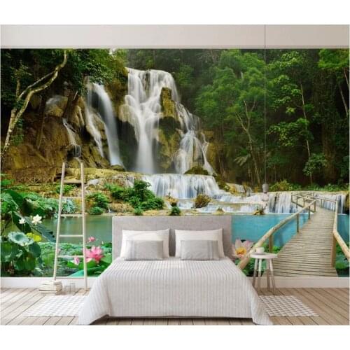 WDBH Custom photo 3d wallpaper Mountain waterfall scenic wooden bridge background living room home decor wallpaper for walls 3 d