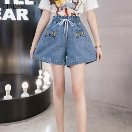 Jeans Shorts Women Summer High Waist Short Plus Size 4XL 5XL Cartoon Cat Kawaii Denim Shorts Femme Korean Casual Shorts 2020
