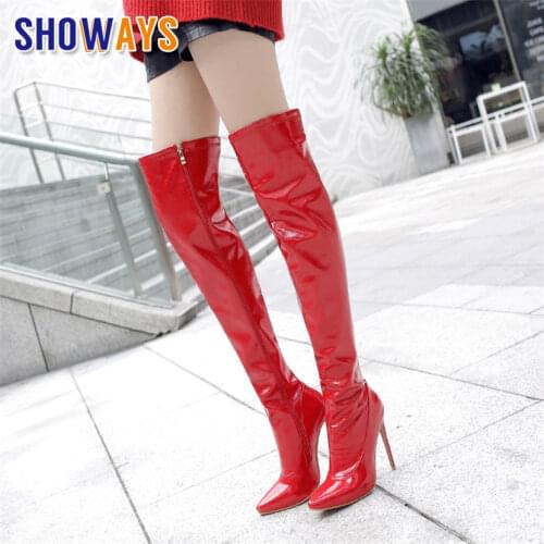 Big Size Sexy Women Thigh High Boots Red Patent Leather Dance Party Pointed Toe 12cm High Thin Heels Zipper Long Over Knee Boots