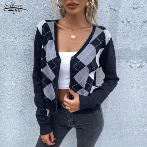 2021 Autumn Winter Short Knitted Cardigan Sweater Vintage V-Neck Plaid Long Sleeve Women Sweater Womens England Style Top 16933