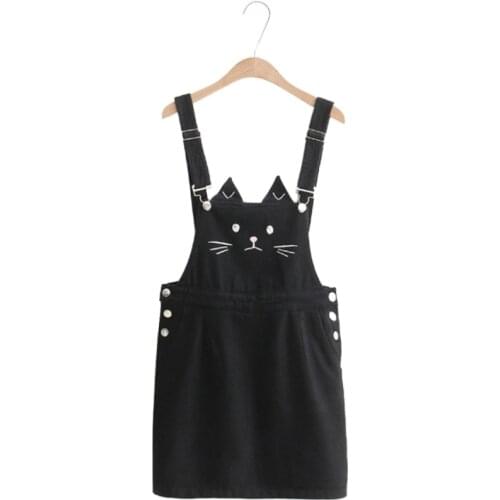 MERRY PRETTY 2020 Women Spaghetti Strap Denim Dress Cartoon Cat Embroidery Sleeveless Straight Dress Woman Solid Cute Dress