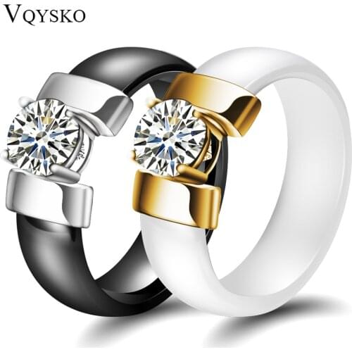 6mm White Black Ceramic Rings Plus Cubic Zirconia For Women Gold Color Stainless Steel Women Wedding Ring Engagement Jewelry