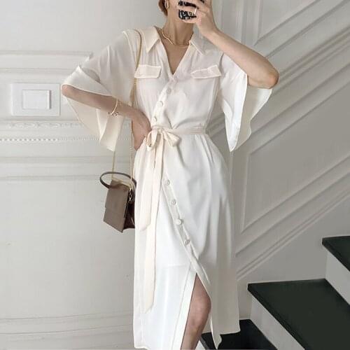 Korean Chic Temperament Elegant Lapel Irregular Single-Breasted One-Piece Lace-Up Waist Flared Sleeve Dress Female