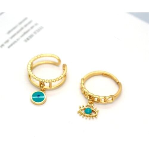 1PC Vintage Blue Hollow Evil Eye Pendant Metal Ring For Women Trendy Round Lucky Turkish Eye Open Finger Ring Jewelry R289