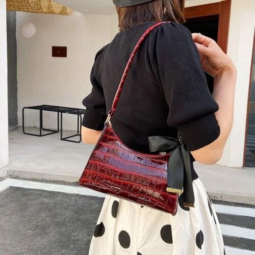 2021 Lady temperament crocodile pattern handbag bow decoration simple shoulder purse fashion girl underarm bag