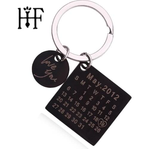 Stainless Steel Personalized Custom Calendar Jewelry Key Chain Gun Black Color Keychain Boyfriend Wedding Gift Drop Shipping