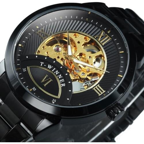 WINNER Official Luxury Brand Automatic Watch Black Stainless Steel Strap Golden Skeleton Watches for Men Mechanical Wrist Watch